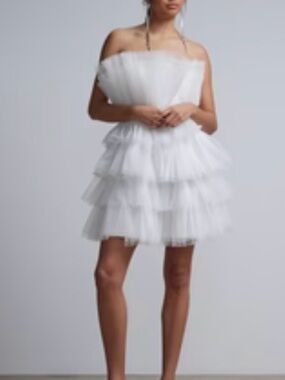 New York & Company White Strapless Tiered Tulle Mini Dress